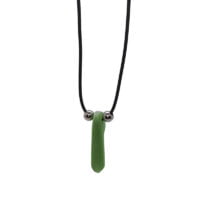 a green necklace with a black cord