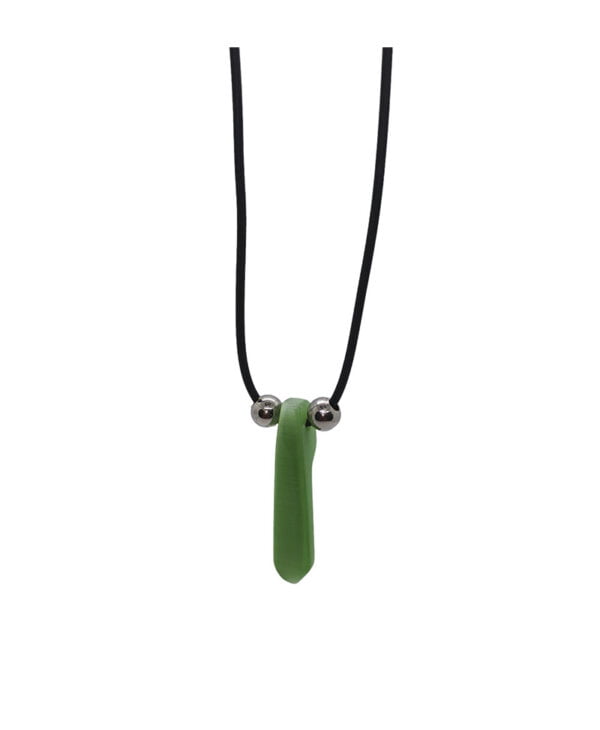 a green necklace with a black cord