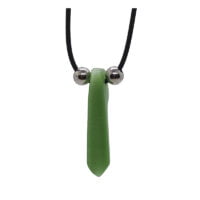 a green necklace with silver balls