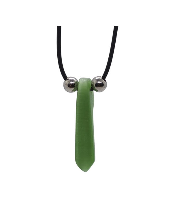 a green necklace with silver balls