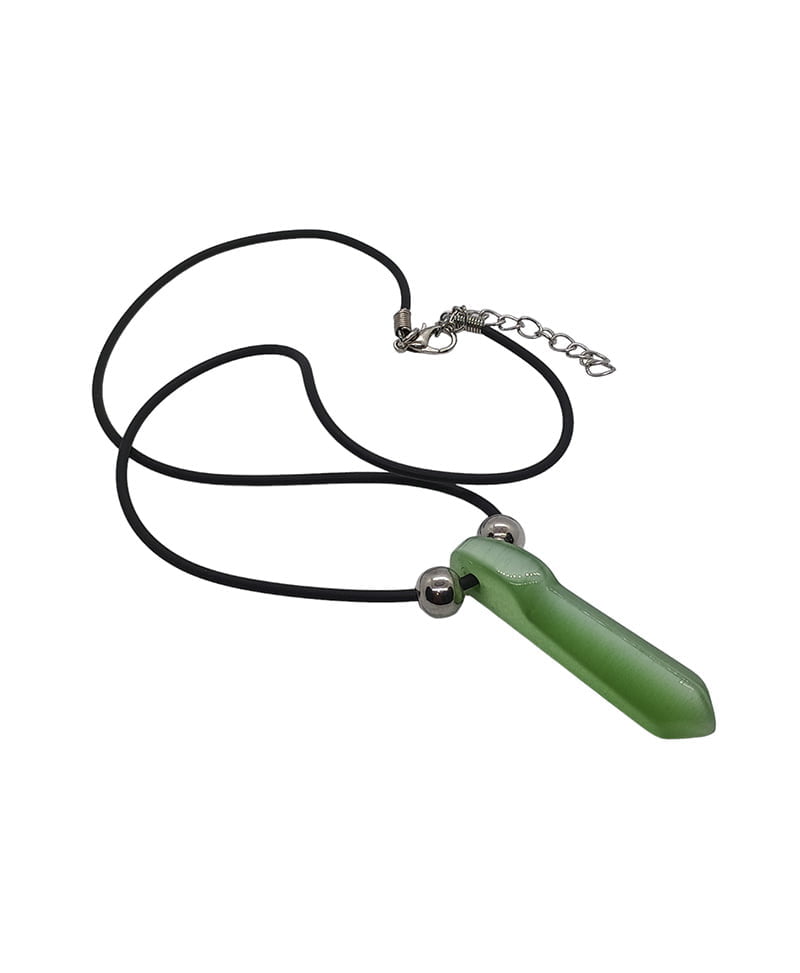 a necklace with a green point